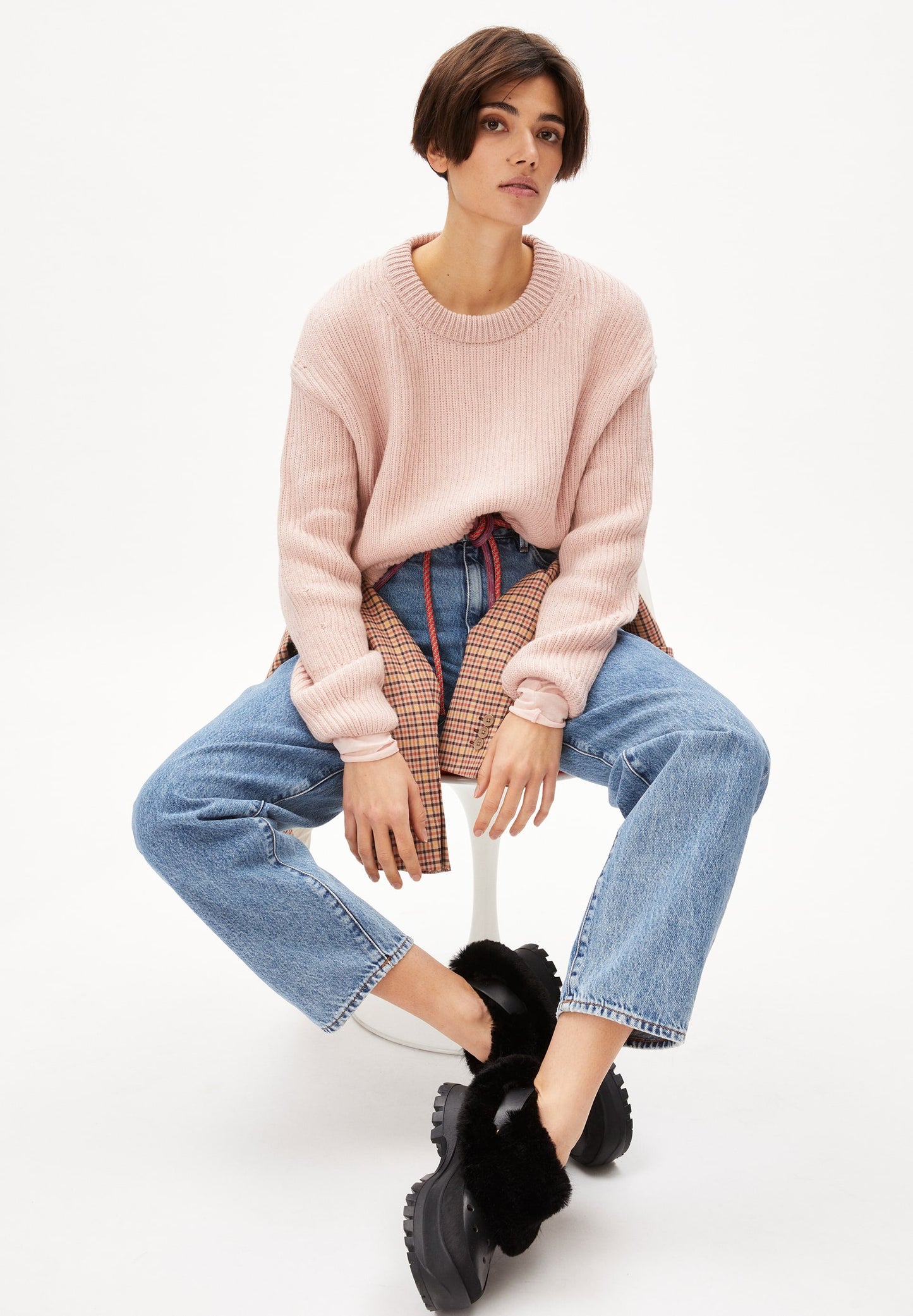 Pull maille rose en coton bio, laine bio et recyclée - naaruko rose quartz
