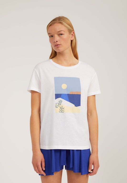 T-shirt blanc à imprimé plage en coton bio - NELAA CALM SEA