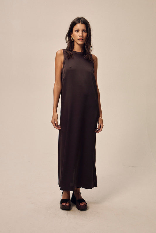 Robe longue satinée en matière upcyclée | marron "adid - marron"