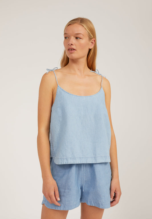 Débardeur à bretelles nouées bleu en coton bio - NITYAA