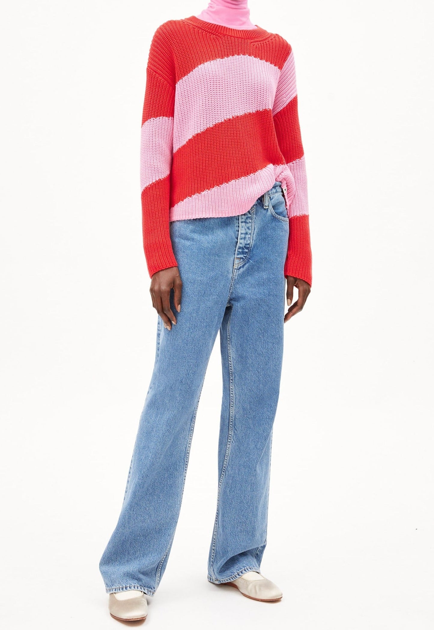 Pull ample en coton bio | rayé rouge et rose "nuriaas blockstripes red alert-pink me up more"