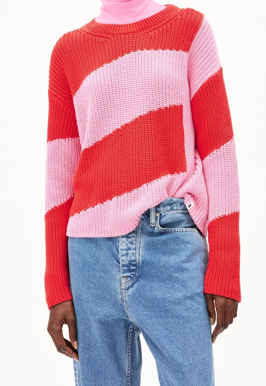 Pull ample en coton bio | rayé rouge et rose "nuriaas blockstripes red alert-pink me up more"