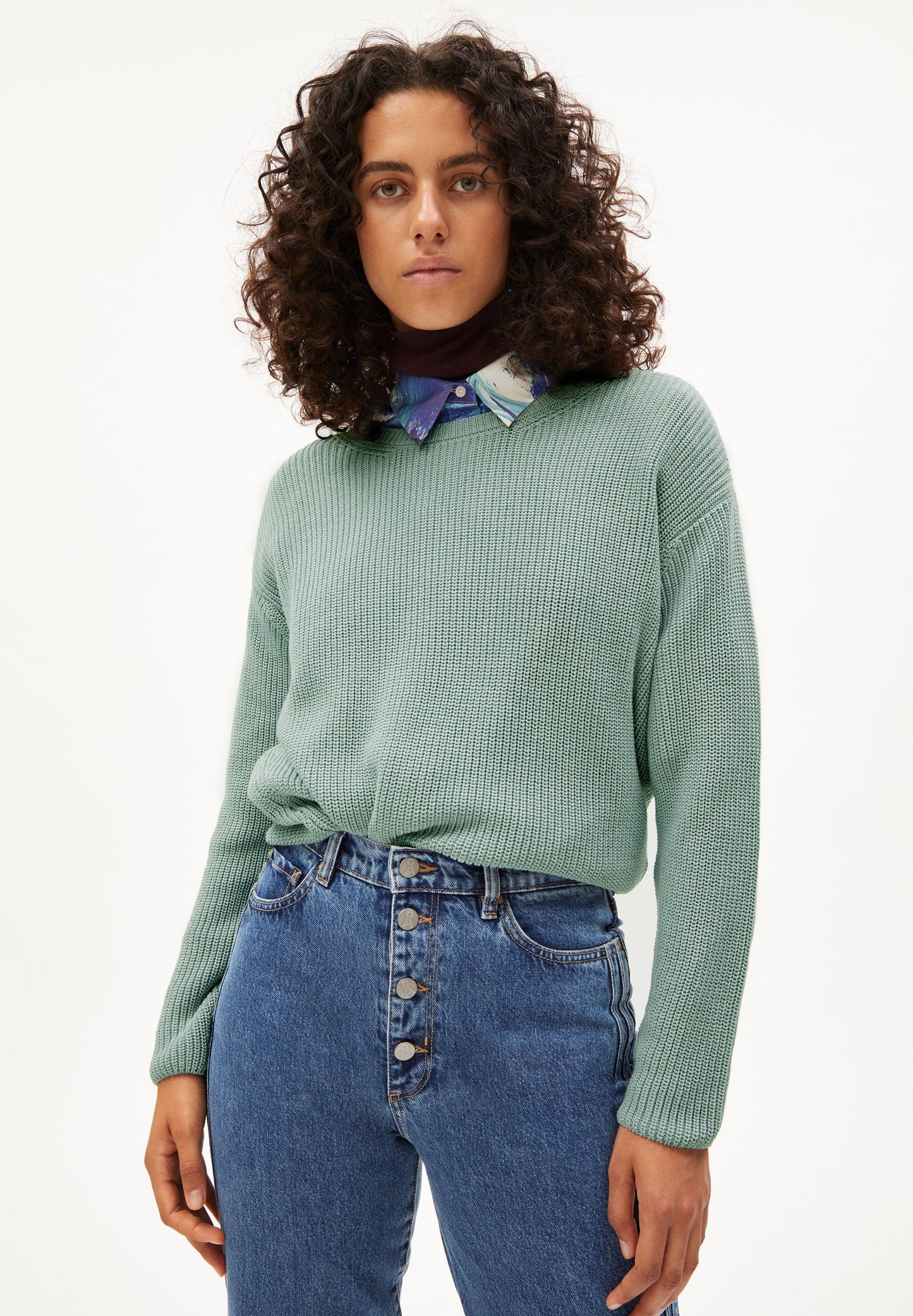 Pull maille col rond vert menthe en coton bio - nuriellaa lint