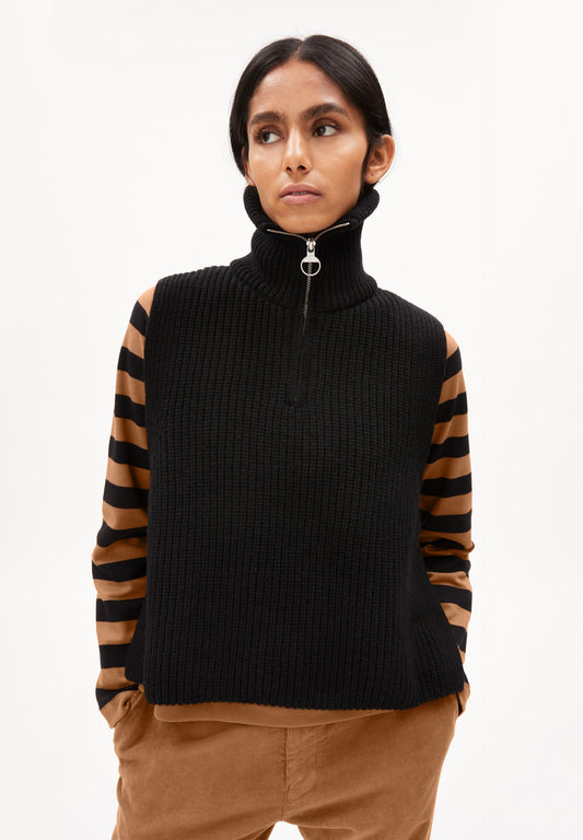 Pull col zippé sans manches noir en laine bio et recyclée - olaiaa black