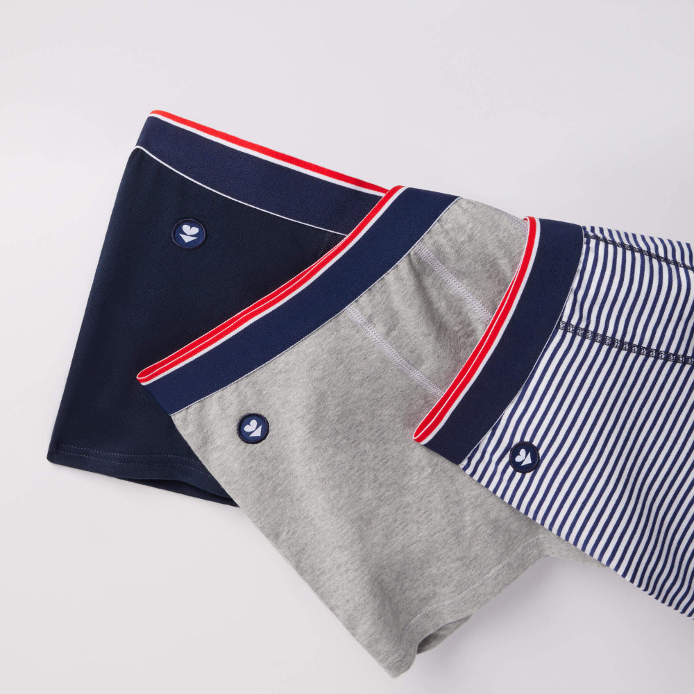 Pack 3 boxers en coton bio - marius trio plus mariniere/marine/gris