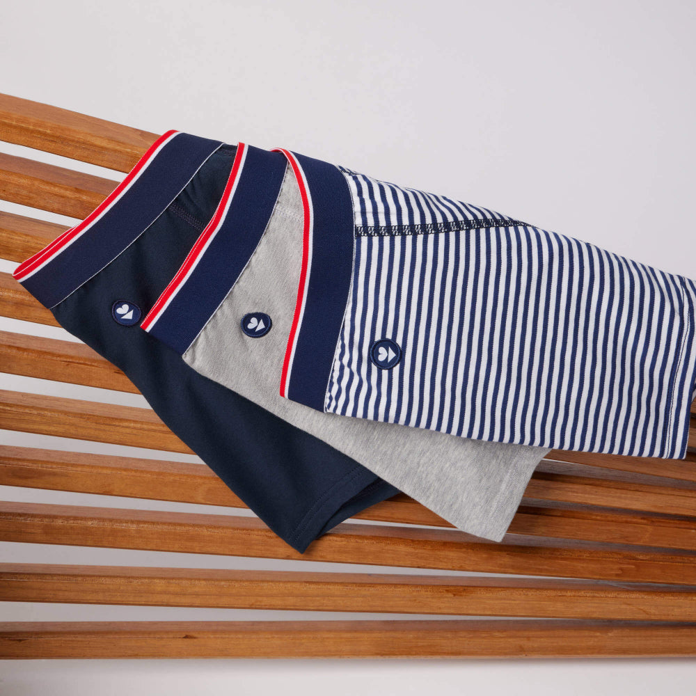 Pack 3 boxers en coton bio - marius trio plus mariniere/marine/gris