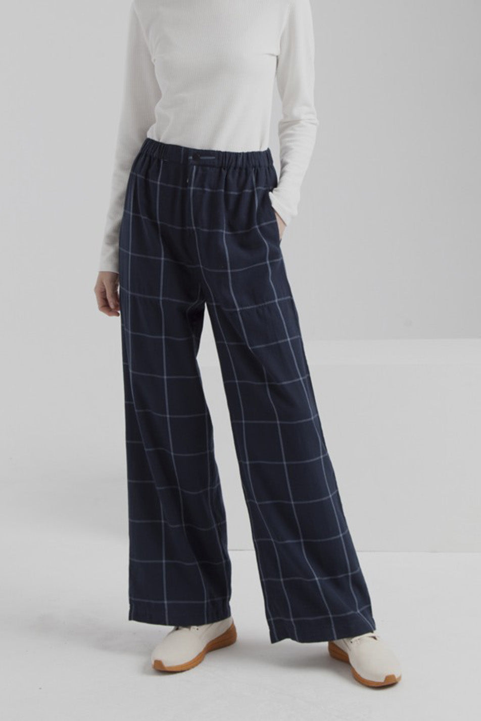 Pantalon large carreaux bleu en coton bio - Mamita