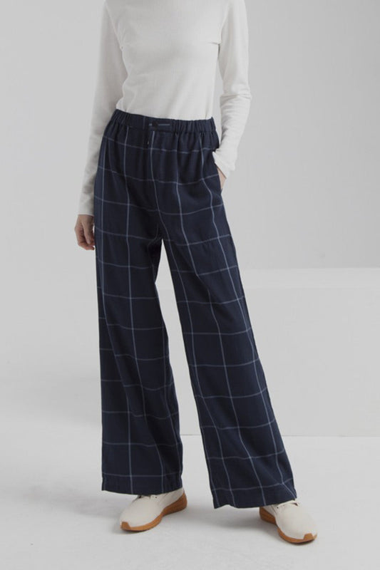 Pantalon large carreaux bleu en coton bio - Mamita