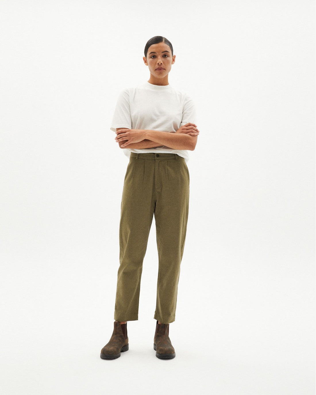 Pantalon à pinces vert olive en coton bio - rina olive green