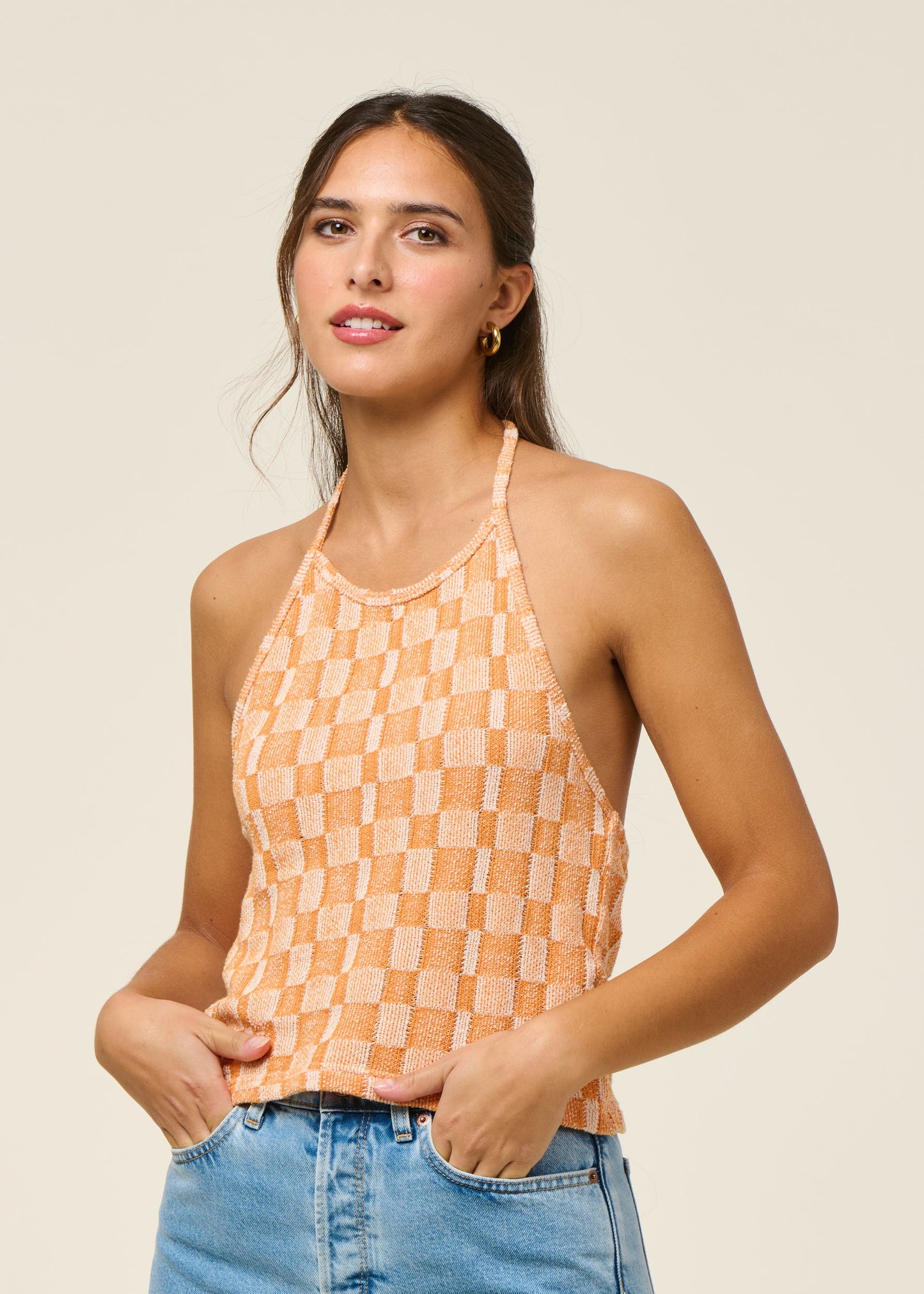Top dos nu éponge en coton bio | orange "passage - jacquard carreaux"