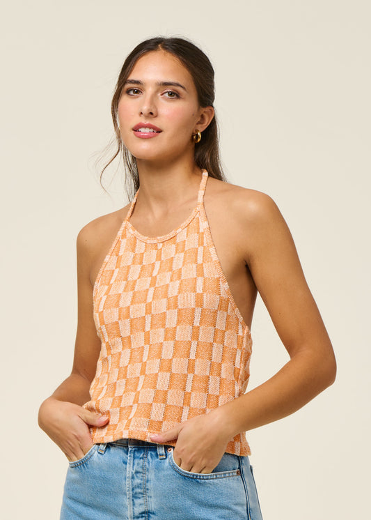 Top dos nu éponge en coton bio | orange "passage - jacquard carreaux"