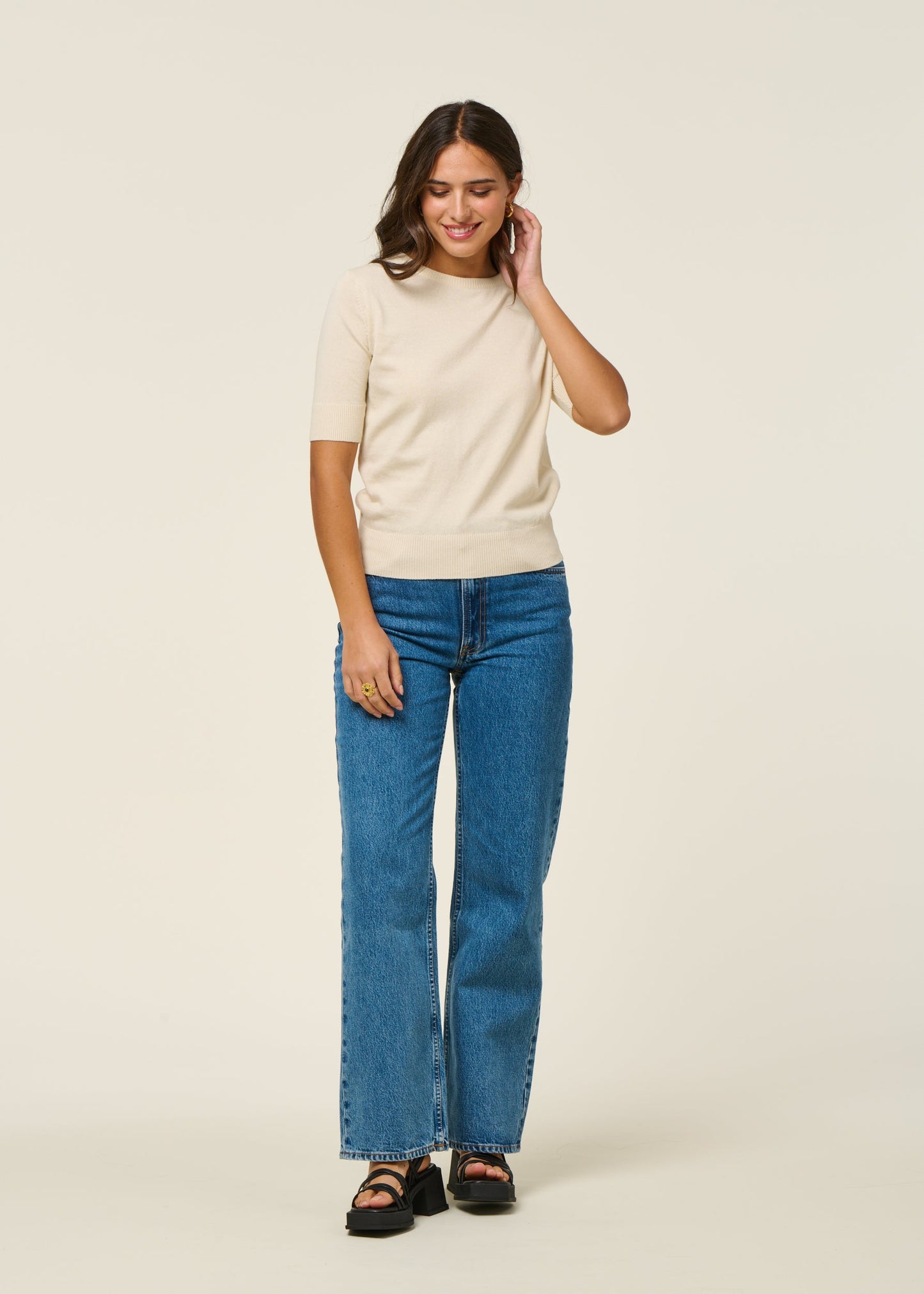 Pull manches courtes en coton bio | écru "suéter muike - ivory"