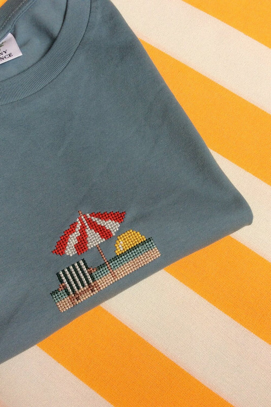 T-shirt brodé bleu en coton bio - Parasol