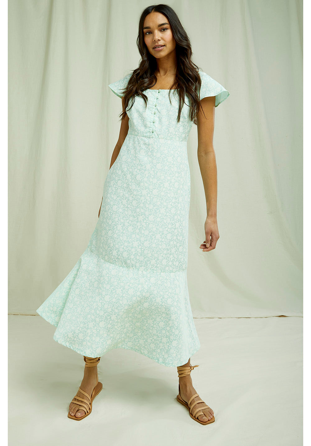 Robe longue vert menthe fleurie en tencel - Pippa
