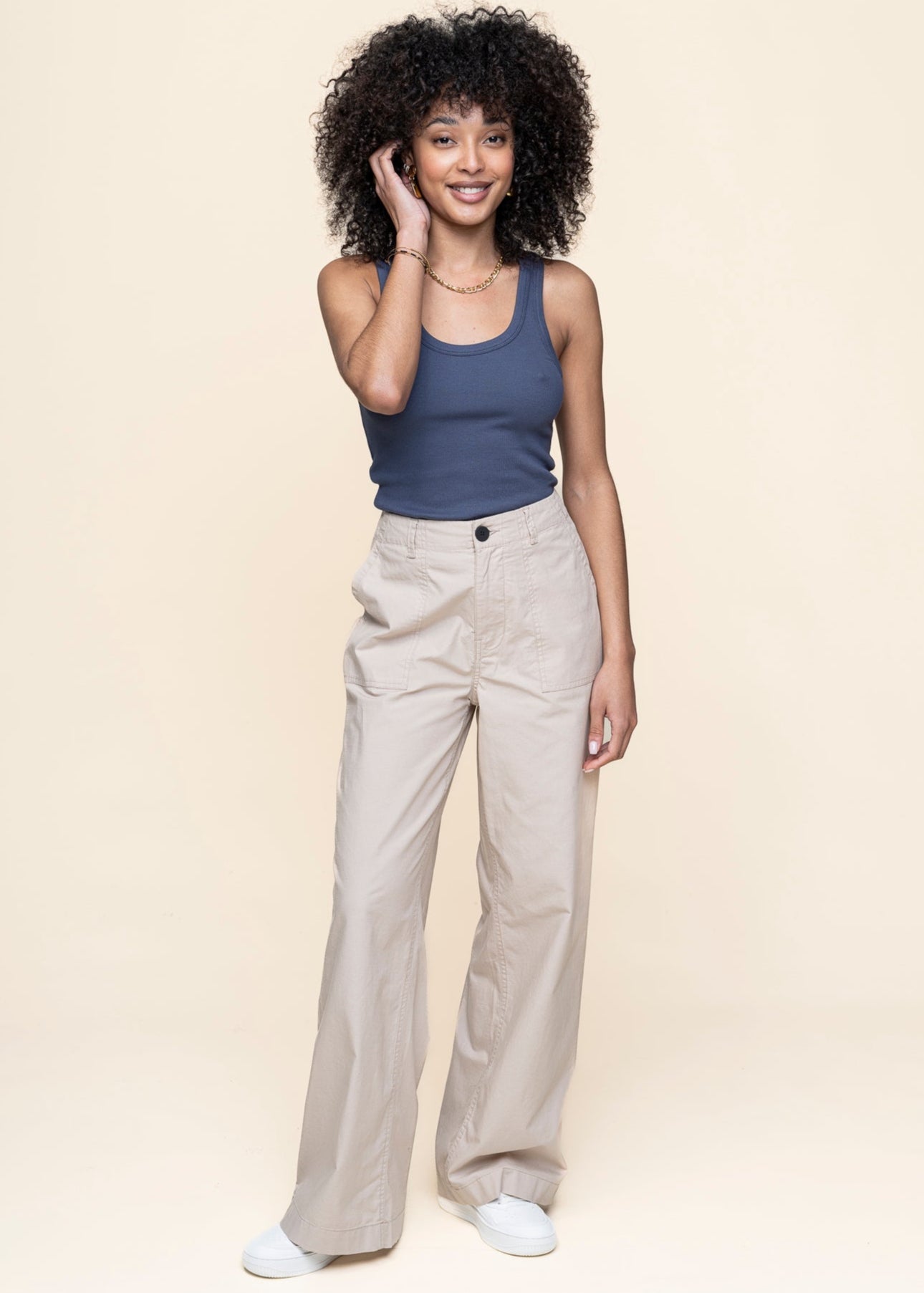 Pantalon ample en coton biologique | beige "posey mid-rise wide slub yarn cropped pants feather gray"