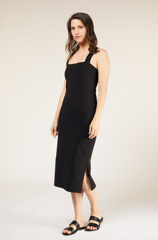 Robe longue noire dos croisé en coton bio - priti