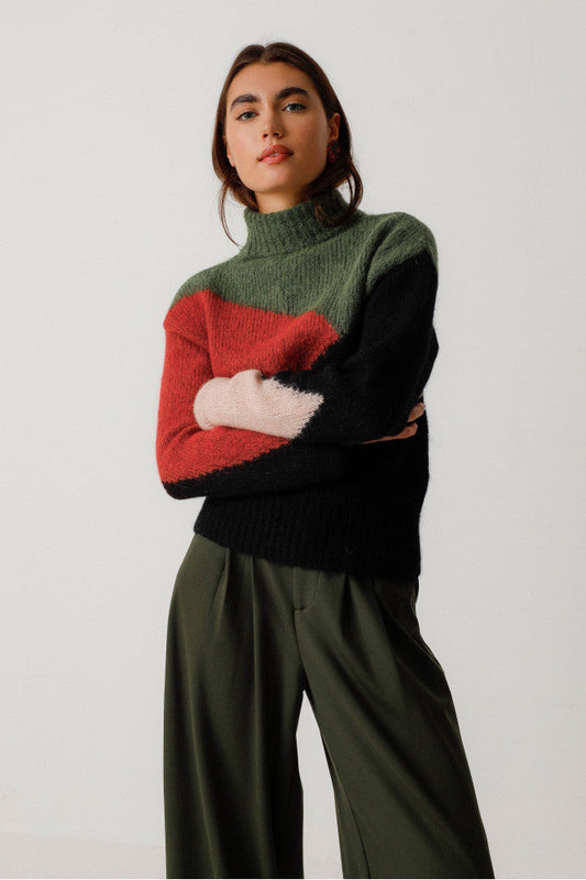 pull en laine recyclée | multicolore "aitza  deep green"