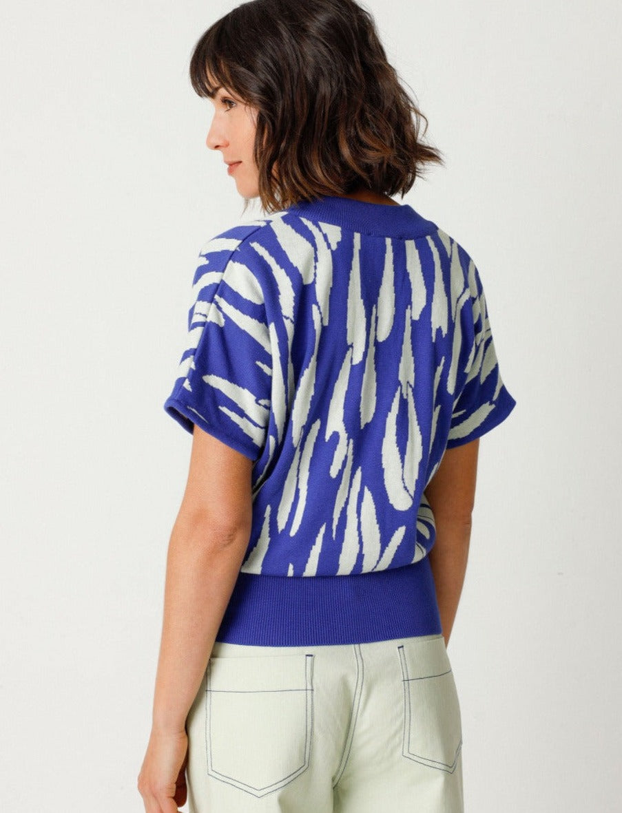 Pull manches courtes en tricot de coton bio | Bleu et blanc "garazi multicolore"