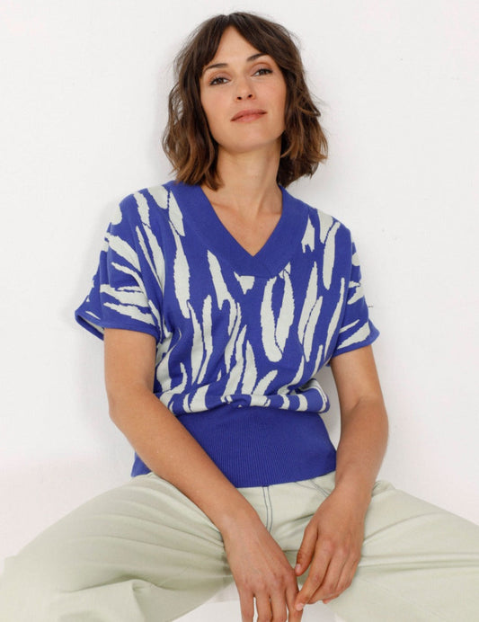 Pull manches courtes en tricot de coton bio | Bleu et blanc "garazi multicolore"