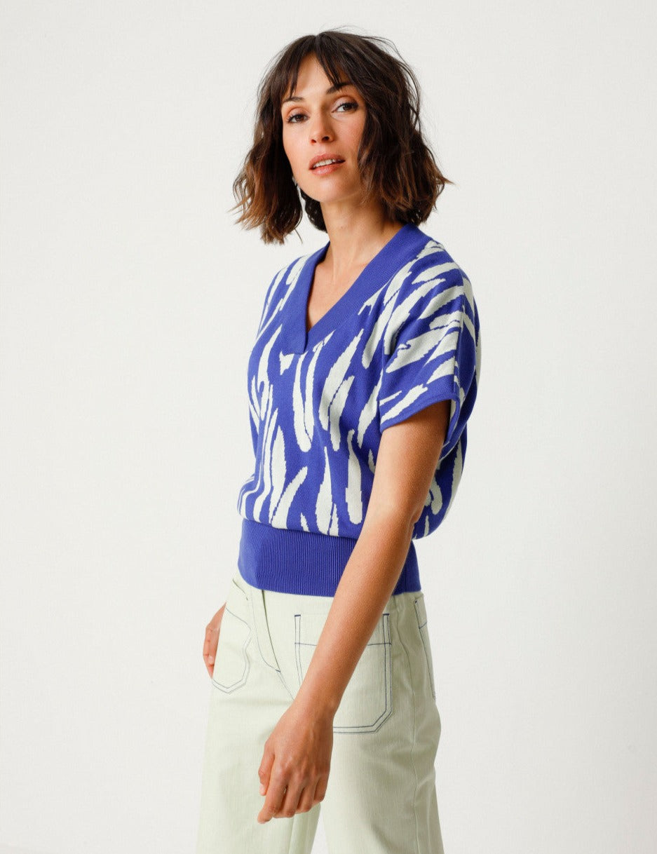 Pull manches courtes en tricot de coton bio | Bleu et blanc "garazi multicolore"