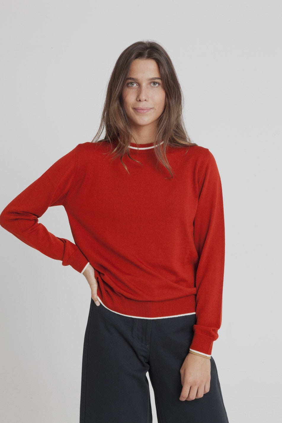 Pull fin rouge citrouille en laine mérinos bio