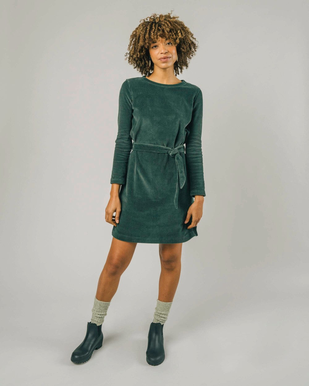 Robe vert forêt velours en coton bio - corduroy belted dress forest green