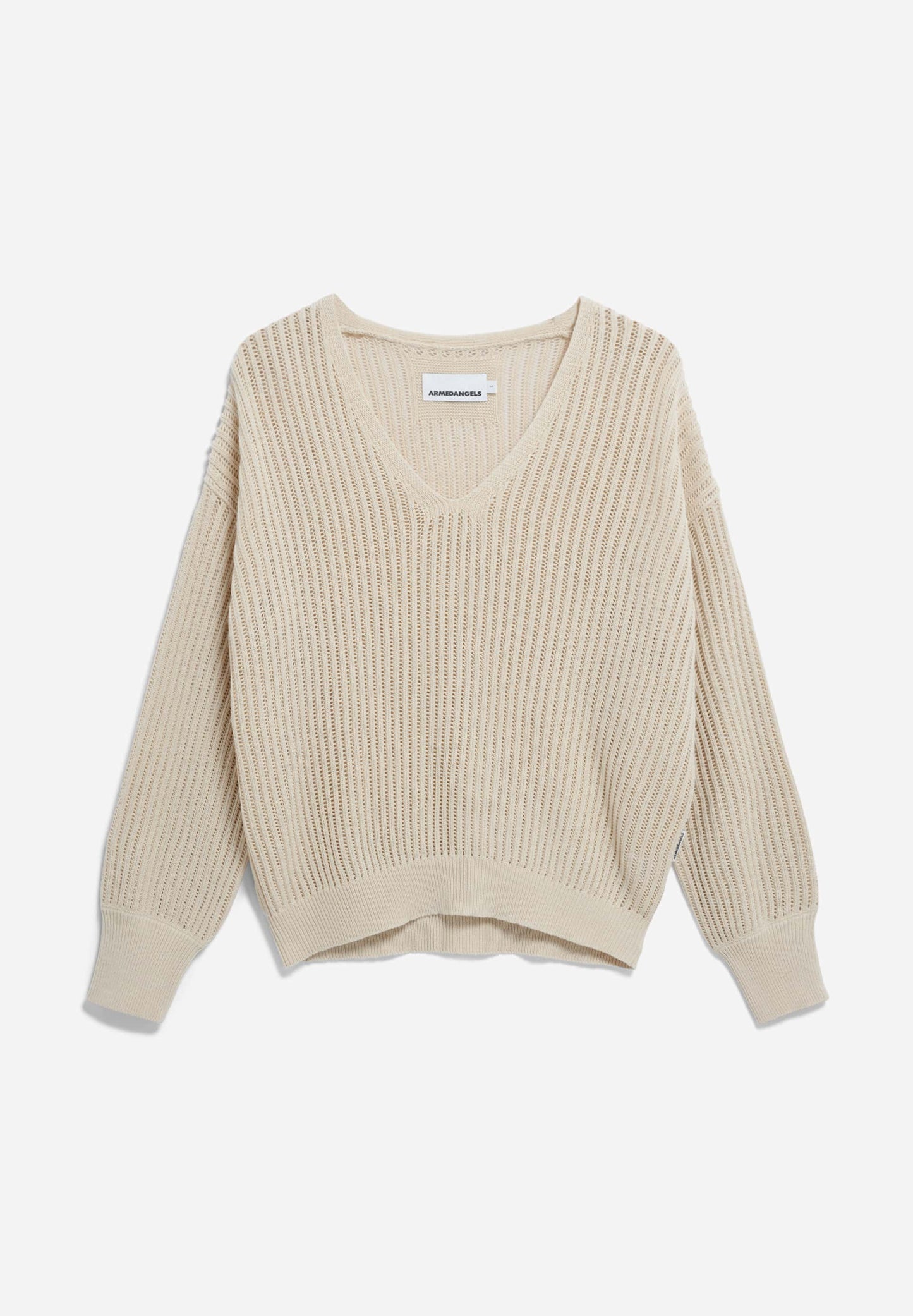 Pull col v crochet en coton bio | écru "Rabeaa crochet lino - raw white"