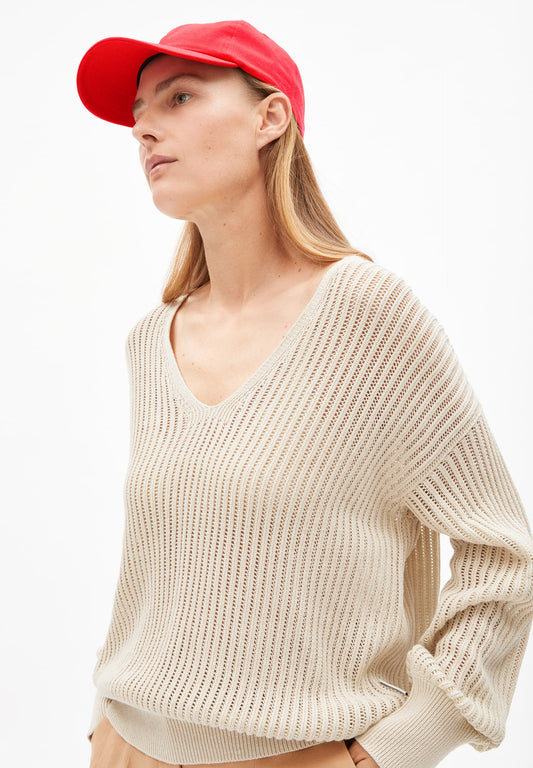 Pull col v crochet en coton bio | écru "Rabeaa crochet lino - raw white"