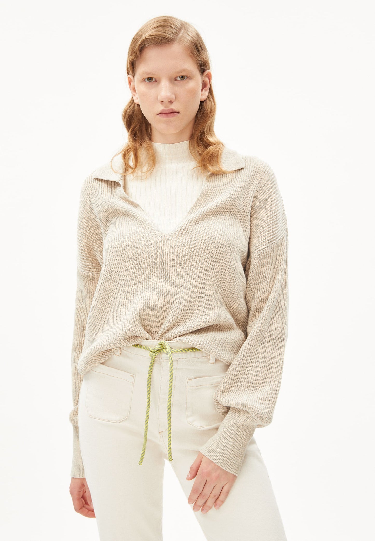Pull col ouvert en lin et matières recyclées non teint - ranaa lino undyed