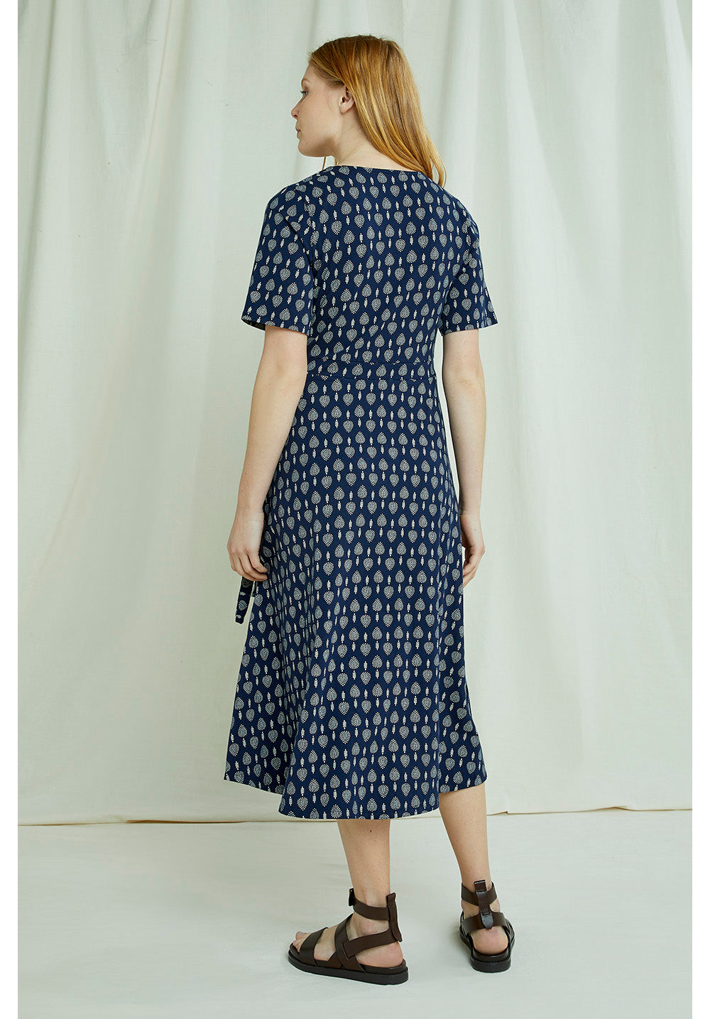 Robe midi marine à imprimés blanc en coton bio - Riya