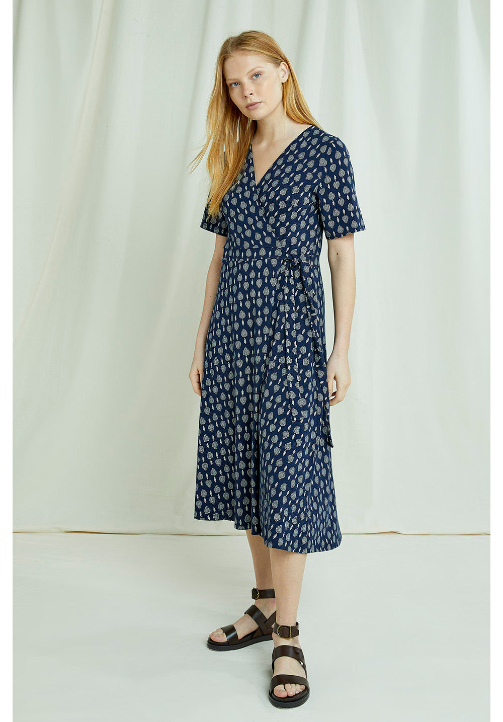 Robe midi marine à imprimés blanc en coton bio - Riya