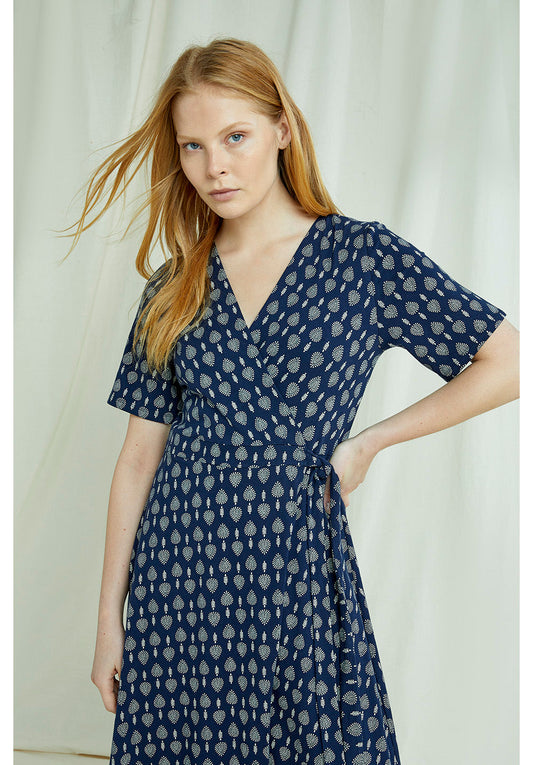 Robe midi marine à imprimés blanc en coton bio - Riya