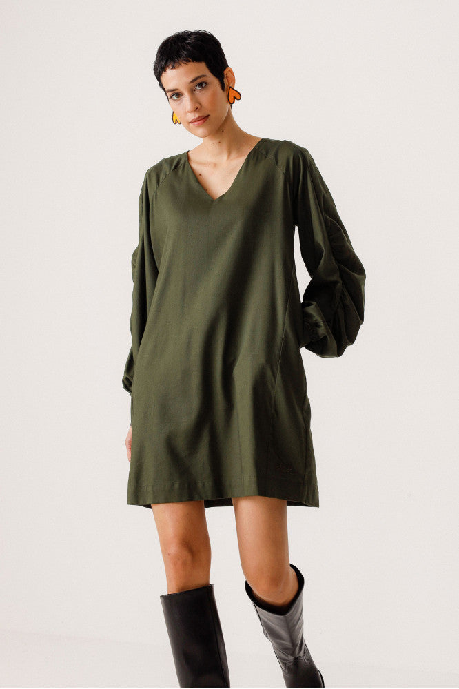 Robe fluide en coton et lenzing | kaki "vestido irai deep green"