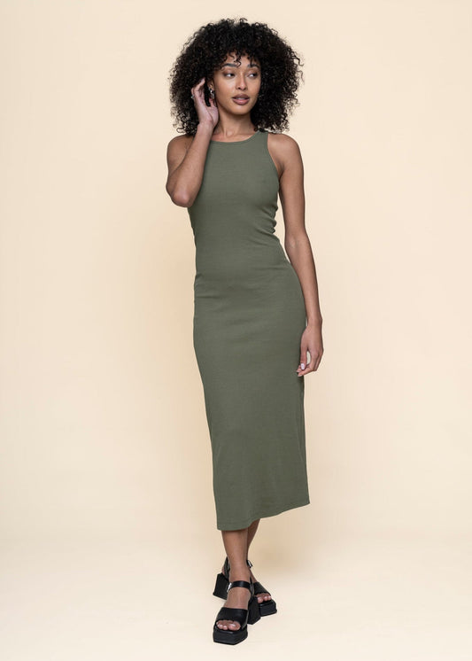 Robe longue en coton bio | vert "rib dress motala leaf green - four leaf clover"