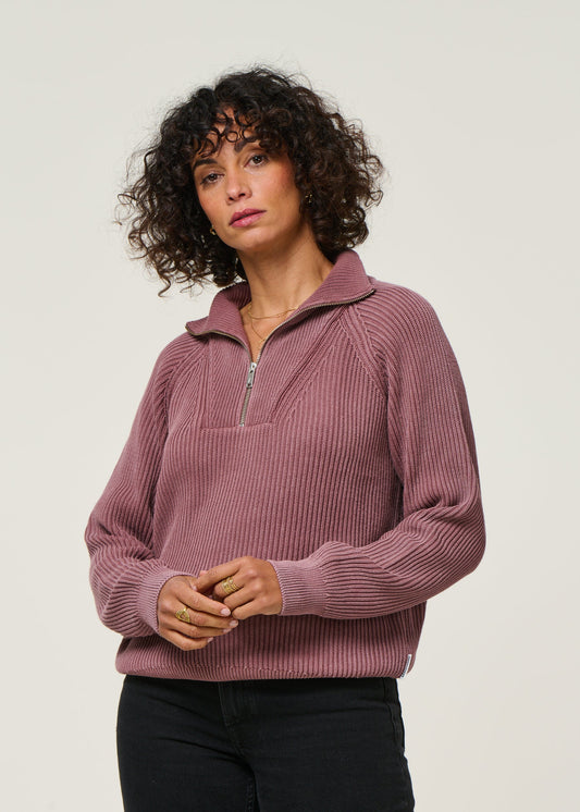 Pull col zippé en coton bio | rose "ronyiaas gmt dye - dark berry"