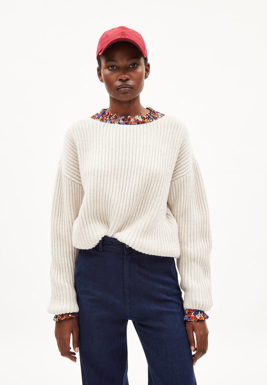 Pull ample écru en laine bio et recyclée - saadi solid oatmilk