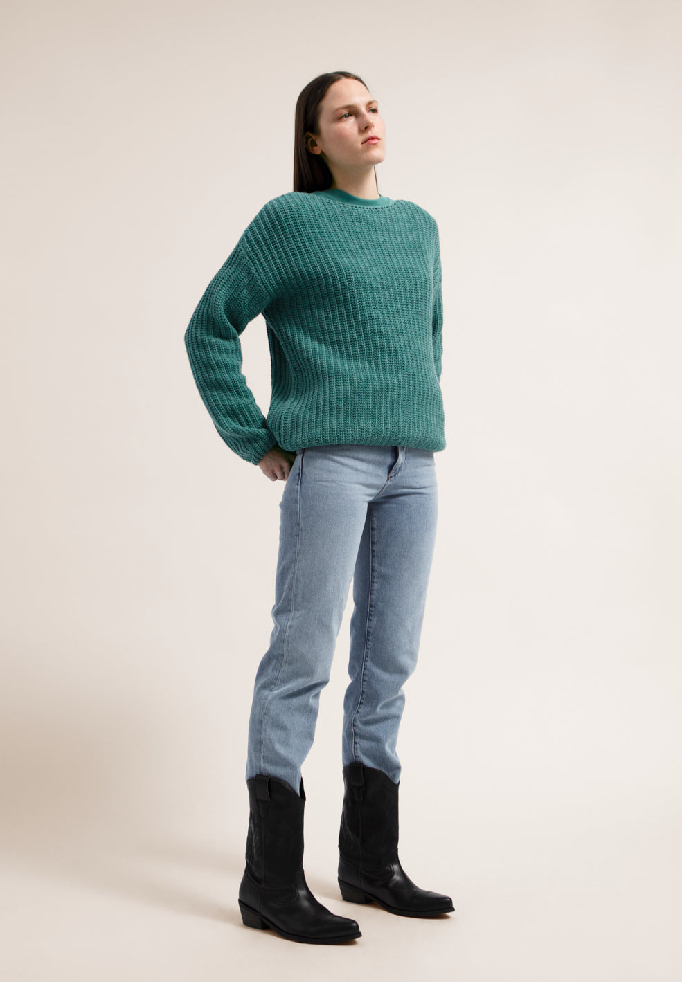 Pull ample en maille turquoise en coton bio et laine bio - saadie