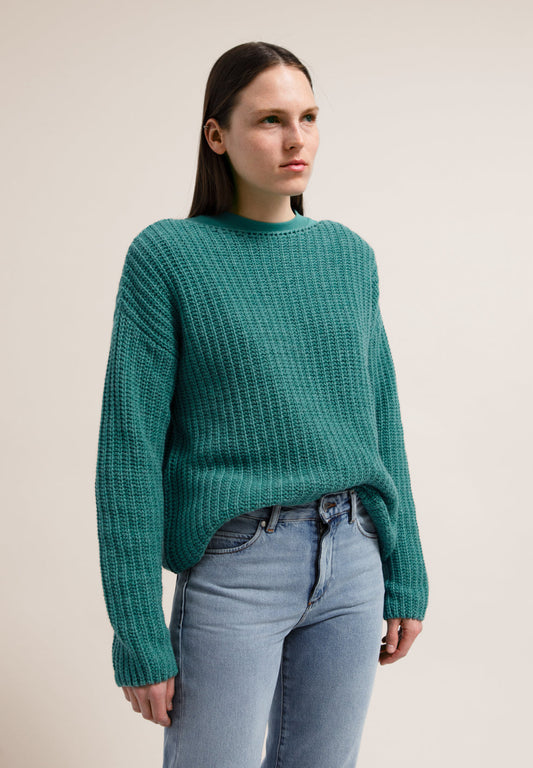 Pull ample en maille turquoise en coton bio et laine bio - saadie
