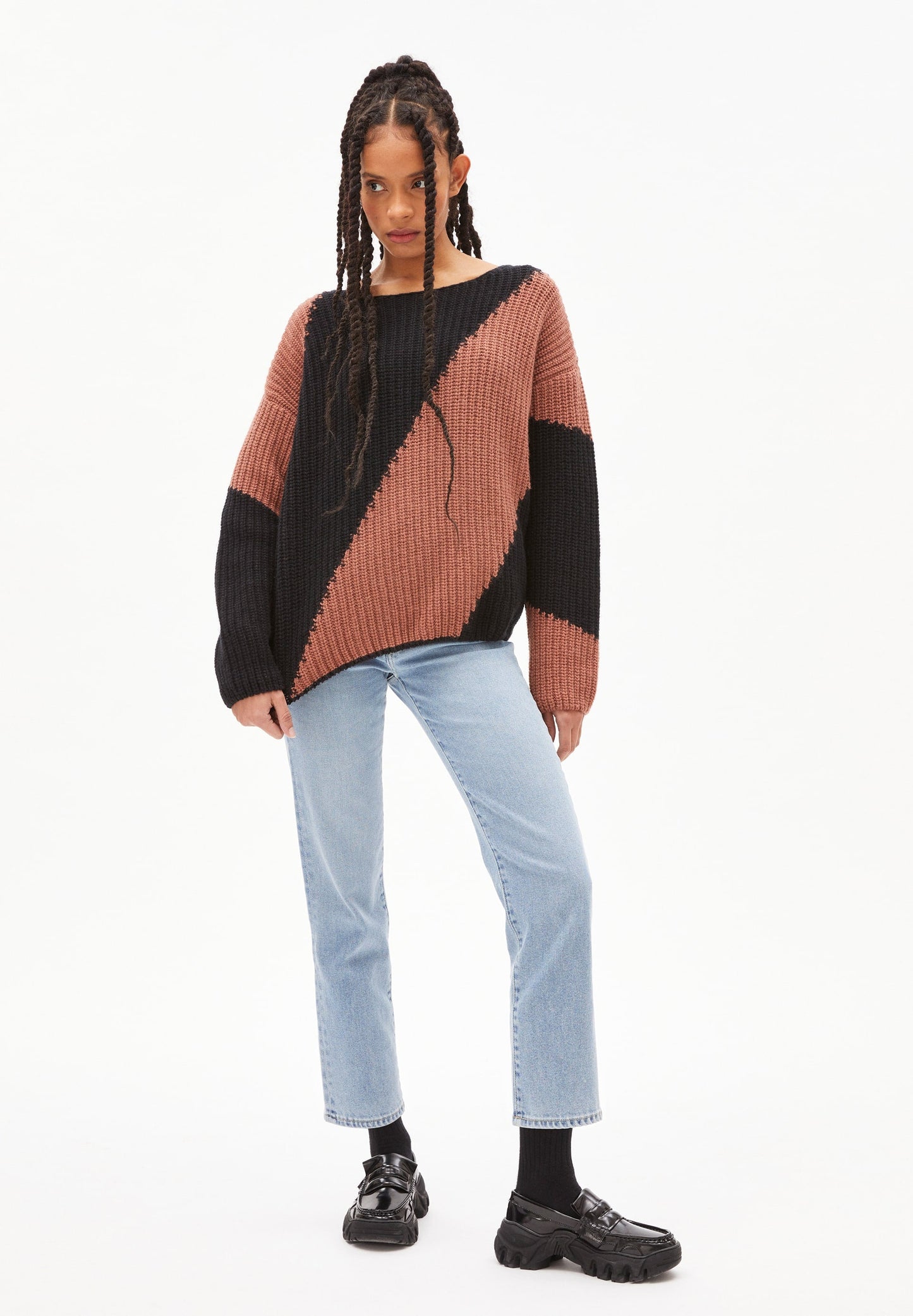 Pull maille bicolore en laine et coton bio - saadie striped copper glow-black