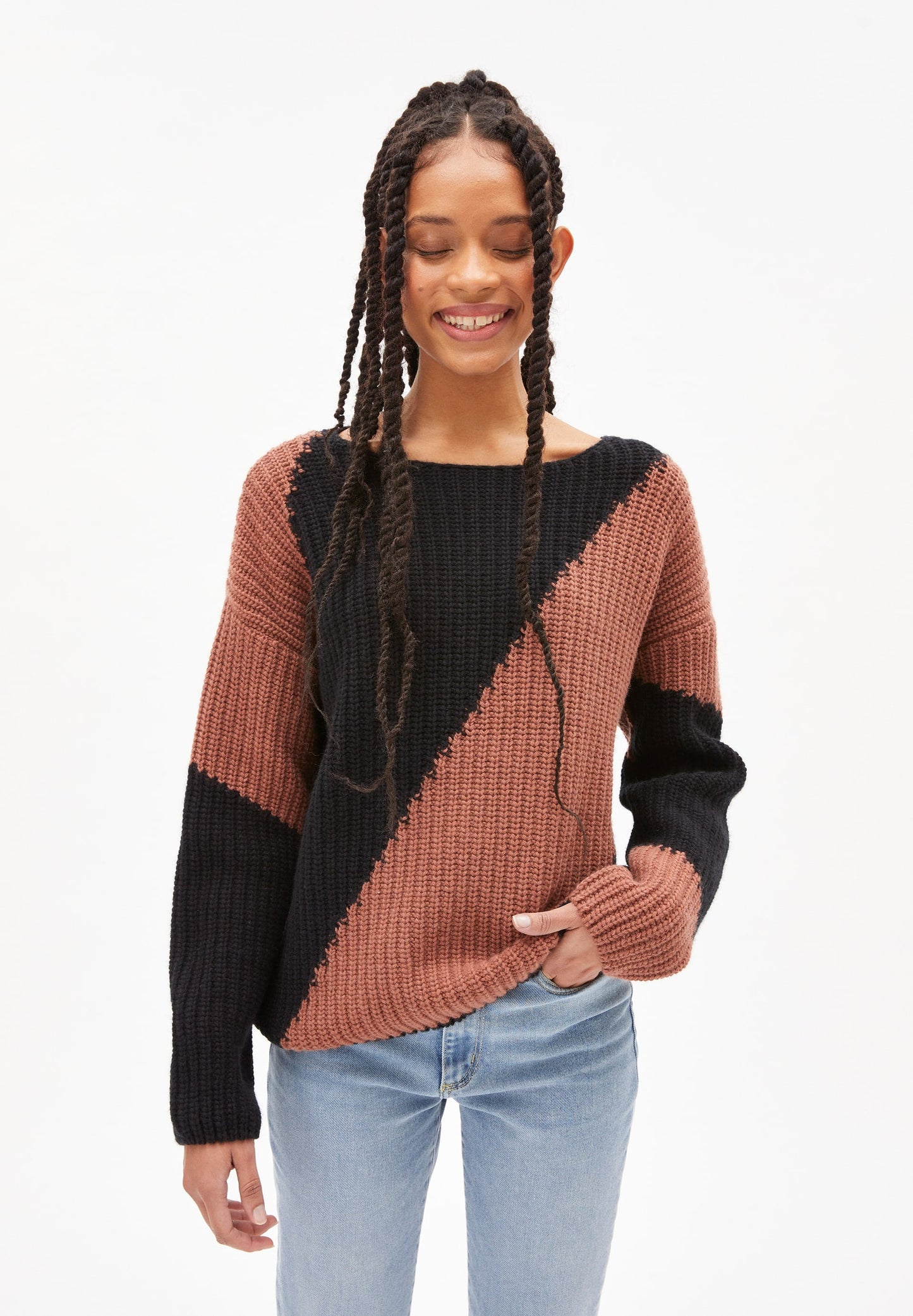 Pull maille bicolore en laine et coton bio - saadie striped copper glow-black