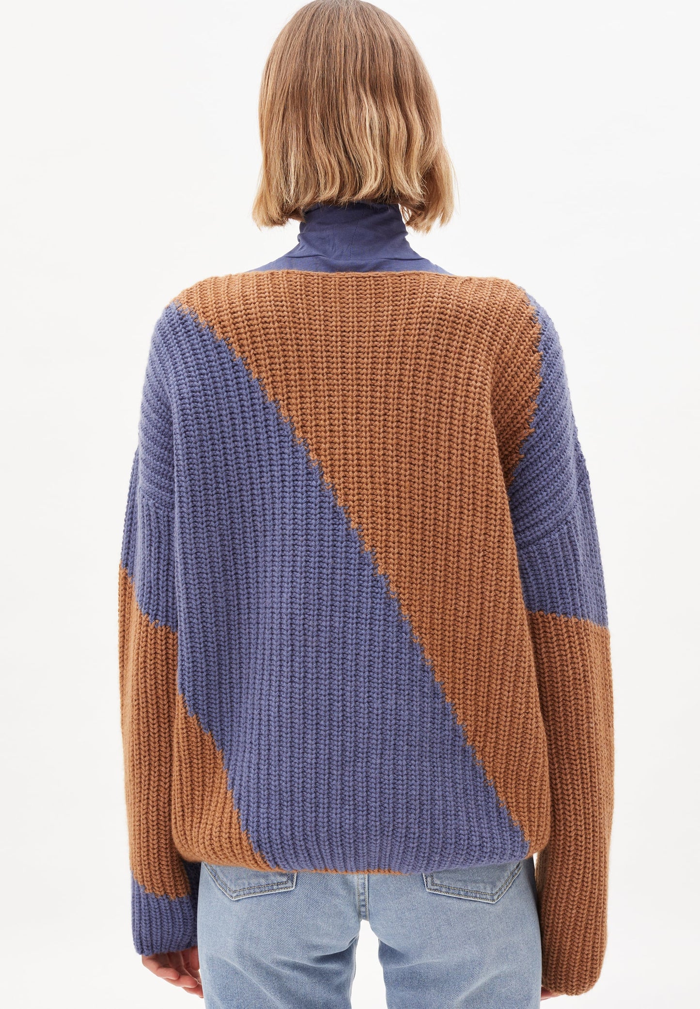 Pull maille bicolore en laine et coton bio - SAADIE STRIPED shadow blue-smoky almond