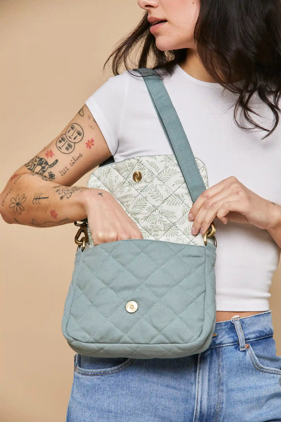 Sac bandoulière matelassé en coton bio | sauge "margault sauge matelasse"