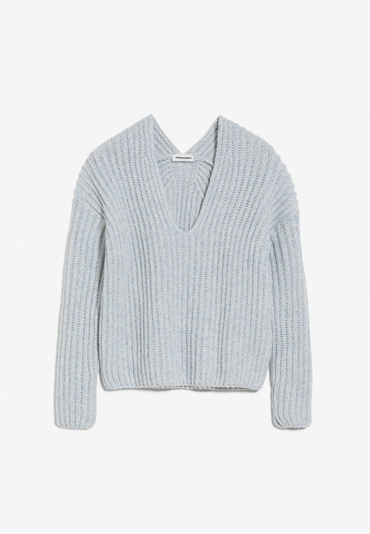 Pull bleu ciel tricoté en laine bio mélangée - saskiaa leopard seafoam-oatmilk