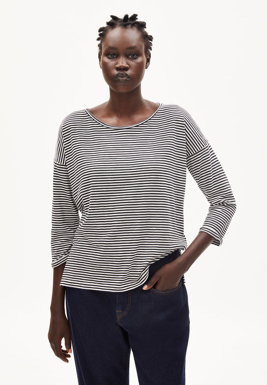 T-shirt manches 3/4 noir et écru en coton bio - sianaa lovely stripes black-oatmilk