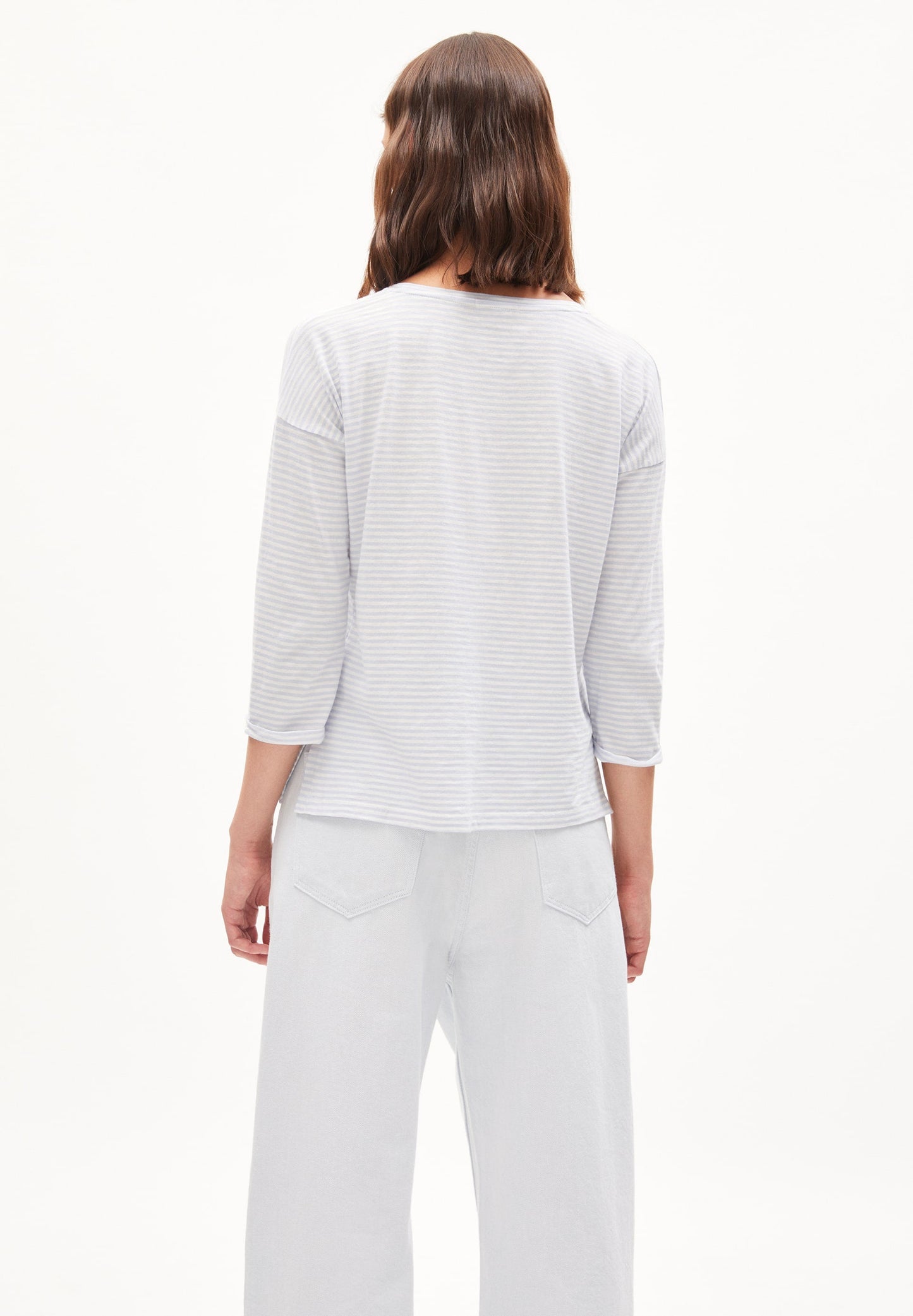 T-shirt manches 3/4 bleu ciel et écru en coton bio - sianaa lovely stripes sky-oatmilk