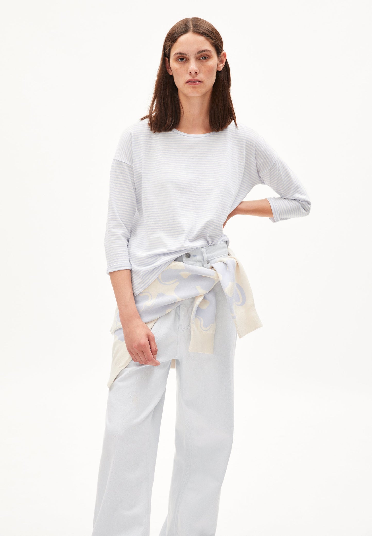 T-shirt manches 3/4 bleu ciel et écru en coton bio - sianaa lovely stripes sky-oatmilk