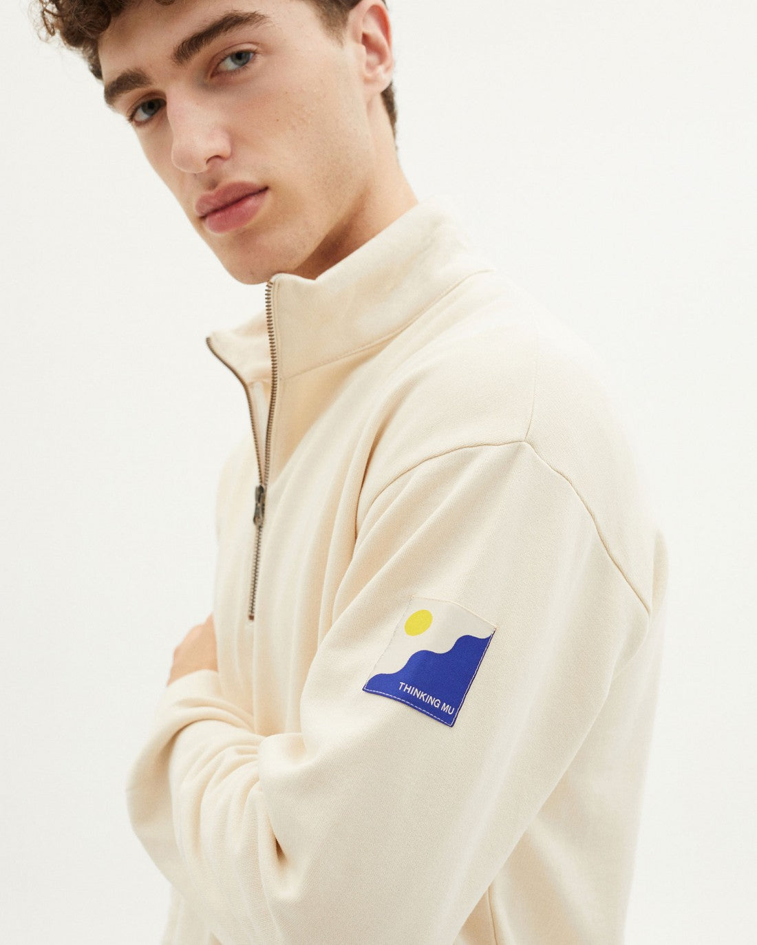 Sweat camionneur blanc cassé col zippé en coton bio - IVORY CHALLENGER SWEATSHIRT
