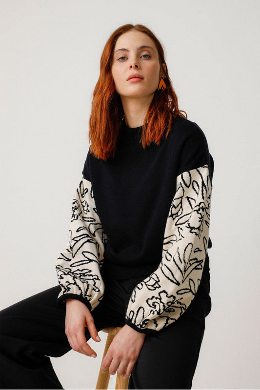 Pull en coton bio | noir motifs jacquard "suéter aitza black"