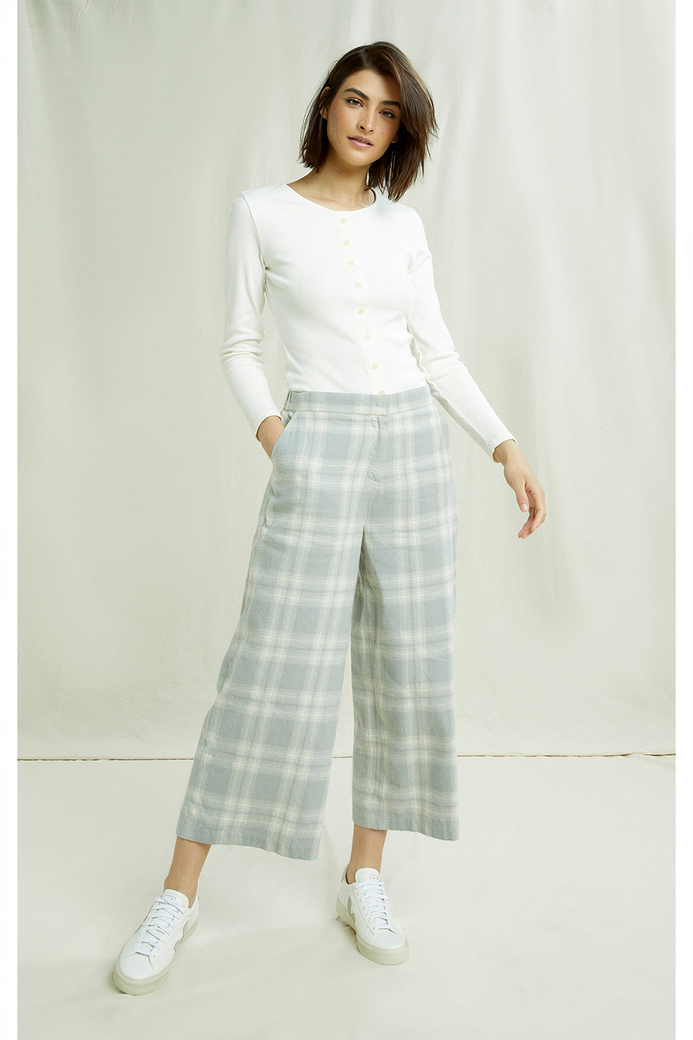 Pantalon ample gris à carreaux en coton bio - susan