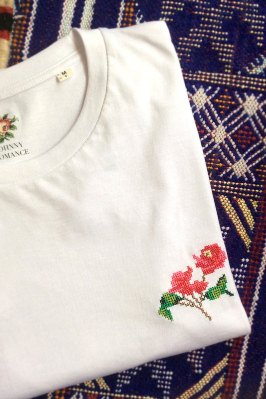 T-shirt brodé blanc en coton bio - Bougainvillier